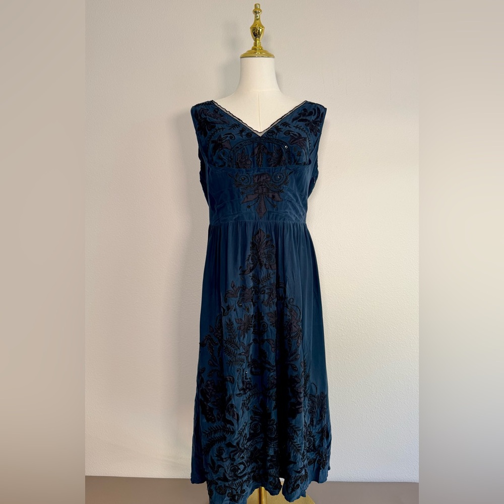 Trelise‎ Cooper Navy Silk Embroidered Embellished Beaded Dress Sz 10 Whimsigoth